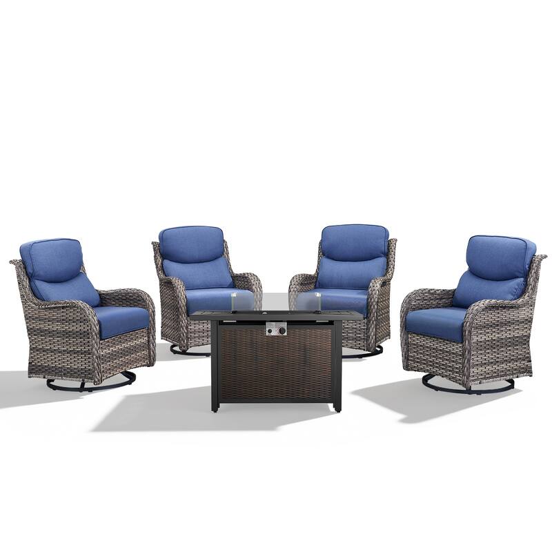 Meyreso 5-Piece Outdoor Patio Wicker Fire Pit 4 person Conversation Set with 5-Inch Thick Cushions