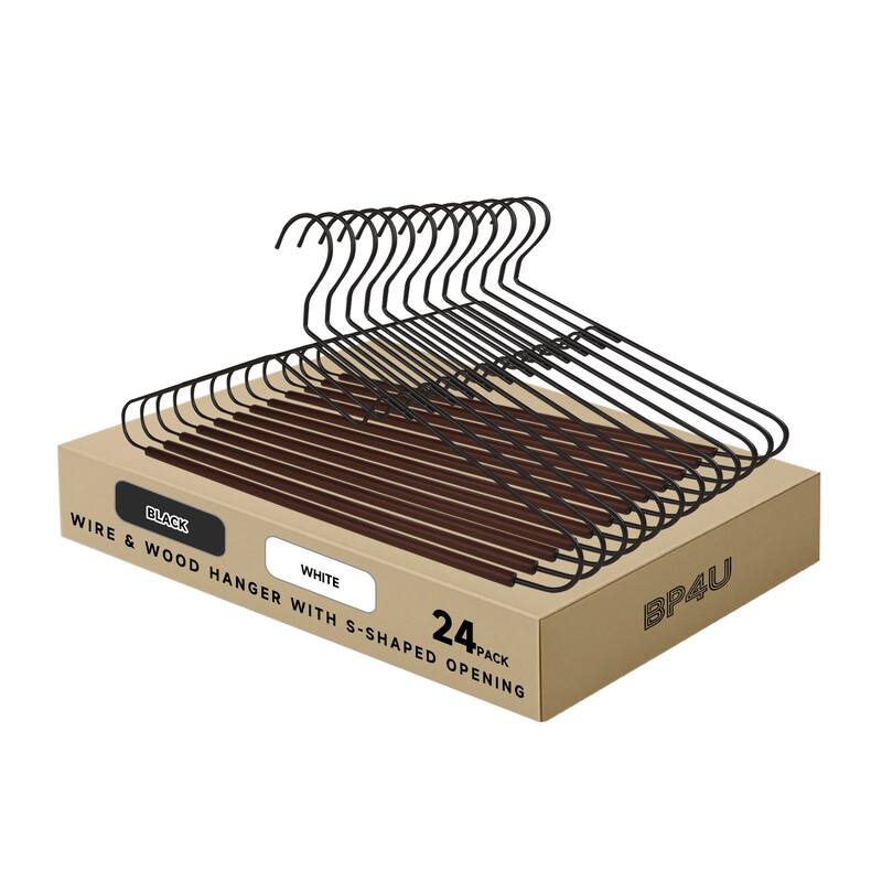 BP4U S-Shaped Opening Metal Coat Hangers with Wooden Pants Bar, Reinforced Wire Clothers Hangers for Sweaters, Shirts - 24-Pack - Black/Walnut