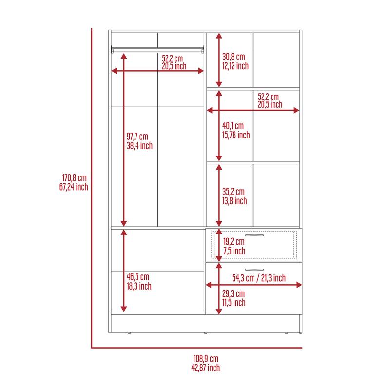 18.5" Modern Double-door Armoire with Hanging Rod, Five Interior Shelves and One Drawer