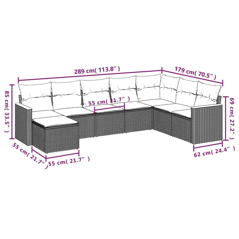 vidaXL Patio Sofa Set with Cushions Outdoor Conversation Furniture Poly Rattan - 21.7 x 21.7 x 14.6 in