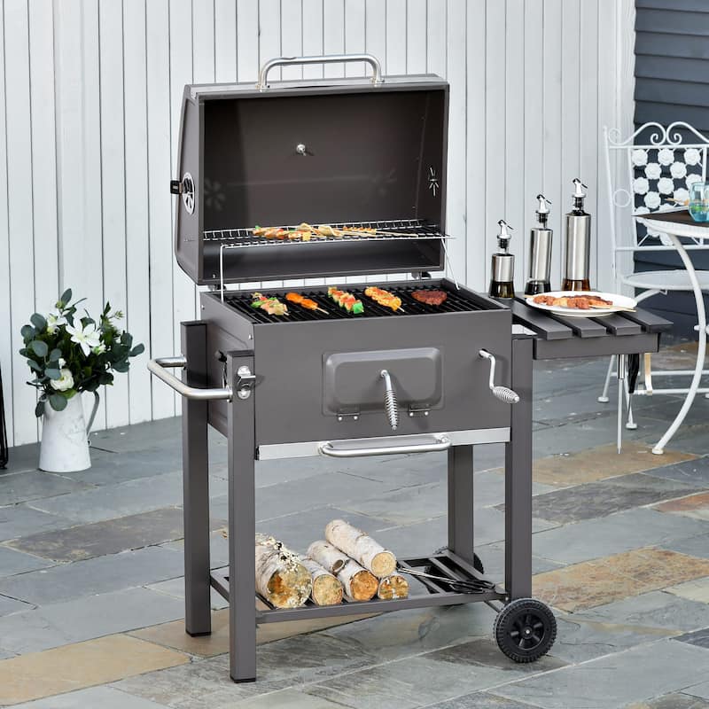 Outsunny Charcoal BBQ Grill Outdoor Portable Trolley Camping Picnic Backyard with Side Shelf Grey - 45.25"L x 22"W x 42.5"H - Steel/Stainless Steel