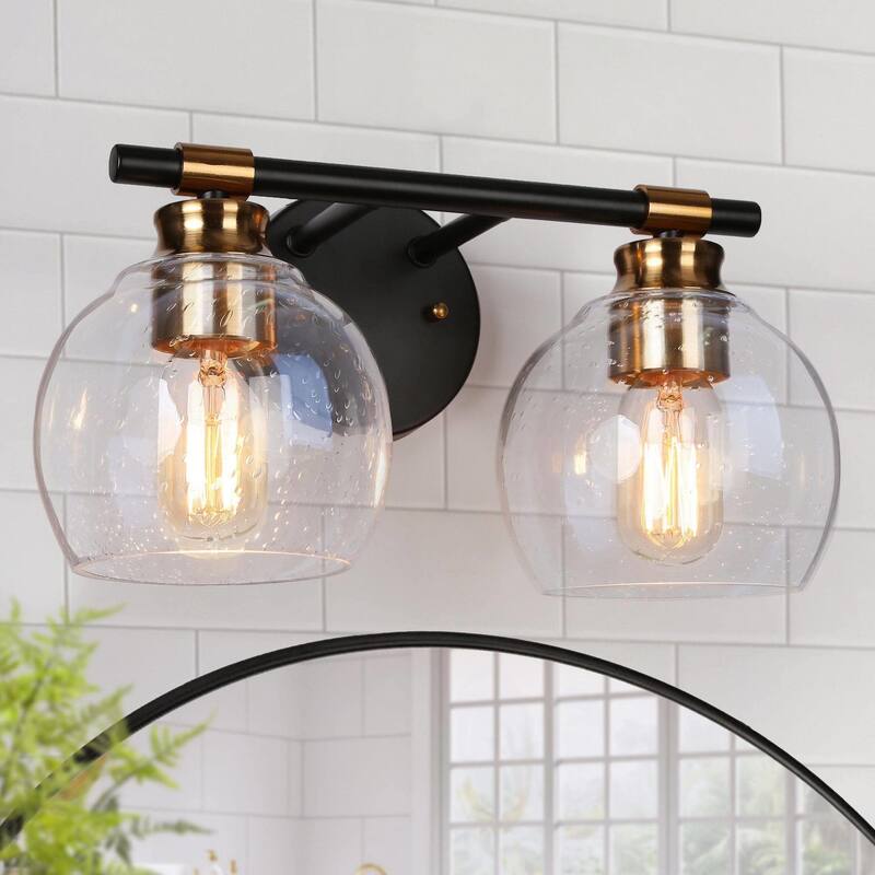 Modern 2/3-Light Black Gold Bathroom Vanity Light Dimmable Globe Seeded Glass Wall Sconces - 14" L