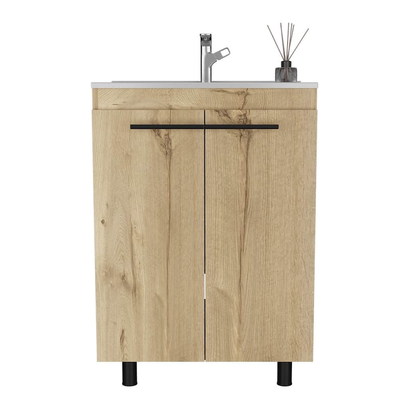 Light Oak Free-Standing Bathroom Vanity, Resin Sink, Double Door Cabinet with Shelves, 23.8 Inches Wide
