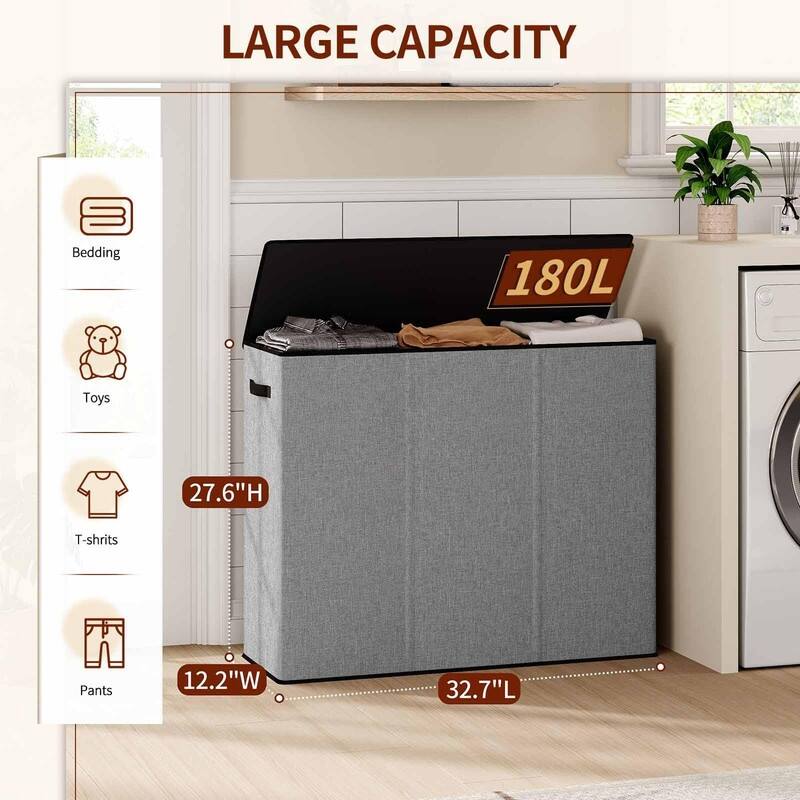 Laundry hamper 3 section - 32.7"L x 12.2"W x 27.6"H