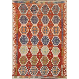 Orange Geometric Kilim Oriental Area Rug Hand-Woven Wool Carpet - 5'11 ...