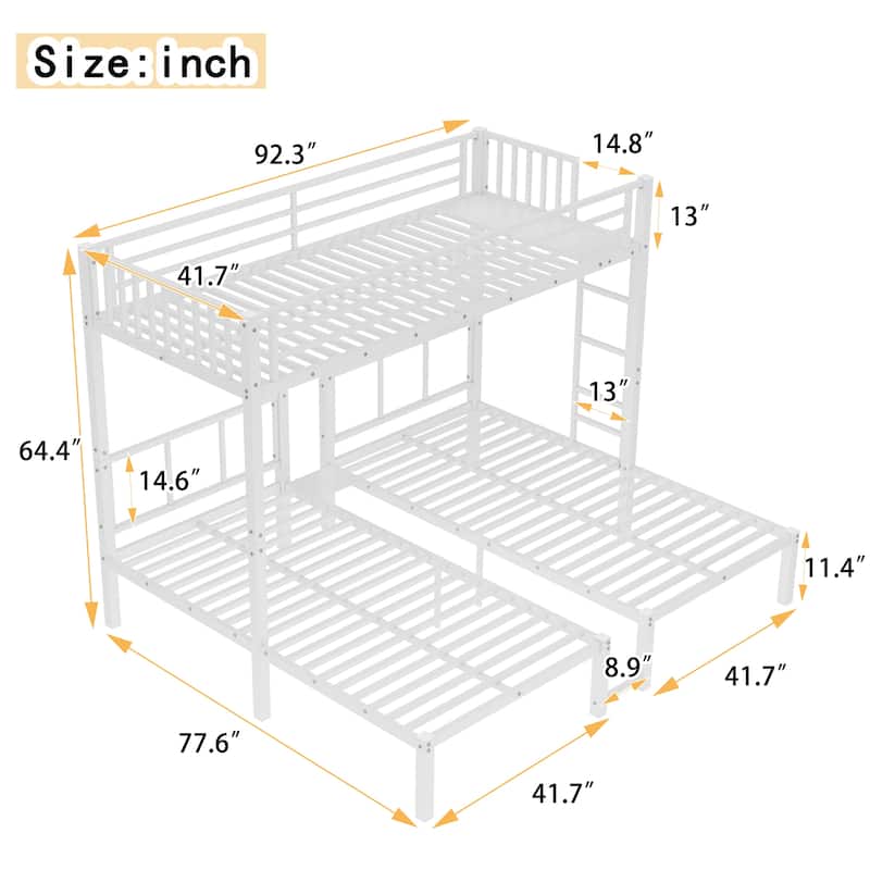 GDFStudio - Bellamy Metal Triple Bunk Bed with Safety Guardrails and Space-Saving Design