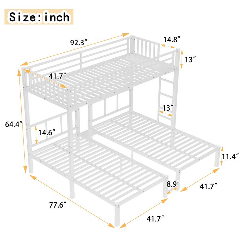 Triple Twin Metal Detachable L-Shape Bunk Bed with Guardrails, Twin XL Convertible Shelf and Under-Bed Table