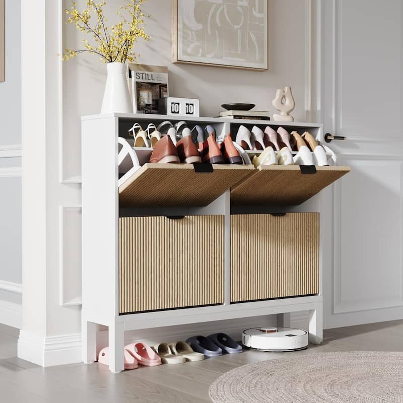 Shoe Storage Cabinet with 4 Flip Drawers, Fluted Shoe Organizer with Metal Legs