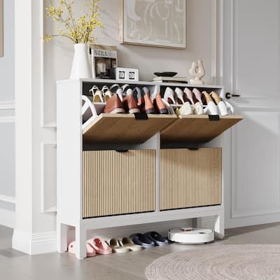 Shoe Storage Cabinet with 4 Flip Drawers, Fluted Shoe Organizer with Metal Legs