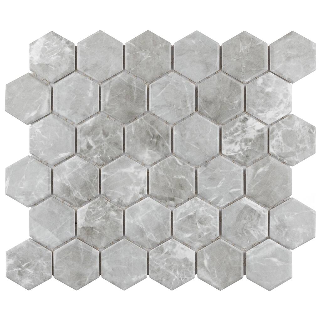 Merola Tile Flo 2" Hex Grey 11-1/8" x 12-5/8" Porcelain Mosaic Floor and Wall Tile