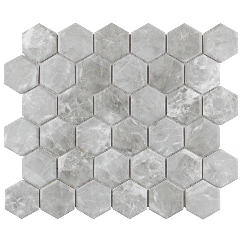 Merola Tile Flo 2" Hex Grey 11-1/8" x 12-5/8" Porcelain Mosaic Floor and Wall Tile - Case (10 Tiles)