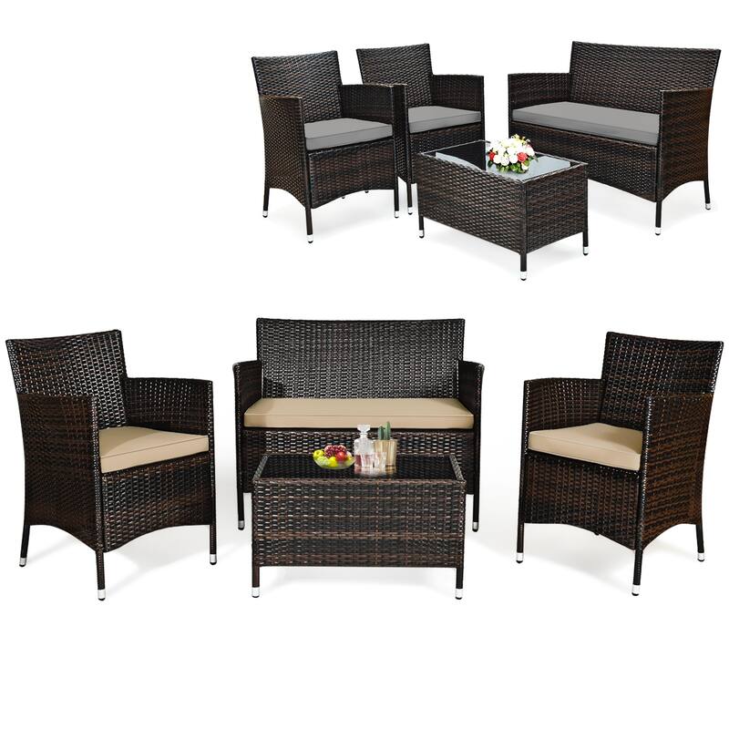 Rattan Patio Conversation Furniture Set with Glass Table and Comfortable Sofa - 4 Pcs
