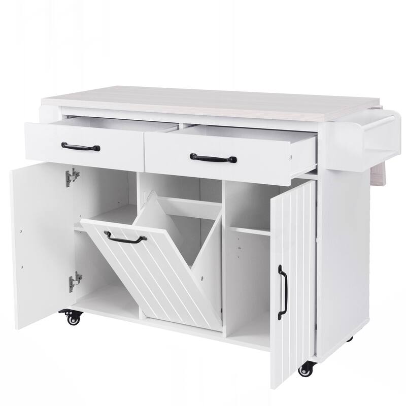 Kitchen Island with Trash Can Storage Cabinet, Kitchen Cart with Drop Leaf, Spice Rack