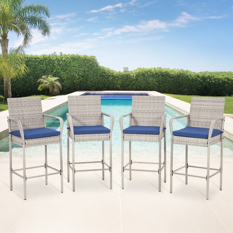 AVAWING All-Weather Wicker Bar Stools - Cushioned, Ergonomic, for Patio & Poolside - Black/Brown/Grey - Grey-4-Piece