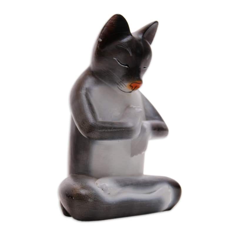 Novica Handmade Full Lotus Cat In Grey Wood Sculpture - 6.5" H x 4.9" W x 3" D