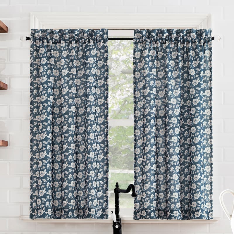 No. 918 Mistral 2-pack Floral Semi-Sheer Rod Pocket 2-Piece Kitchen Curtain Tier Pair - 54" x 36" - Indigo