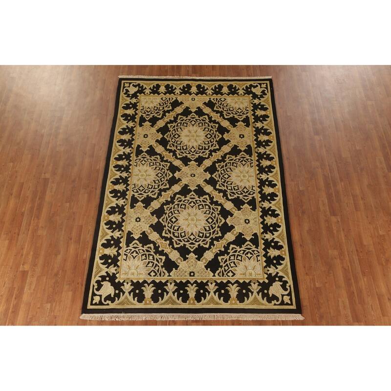 Black & Gold Agra Indian Area Rug Handmade Wool Carpet - 6'2"x 9'4"