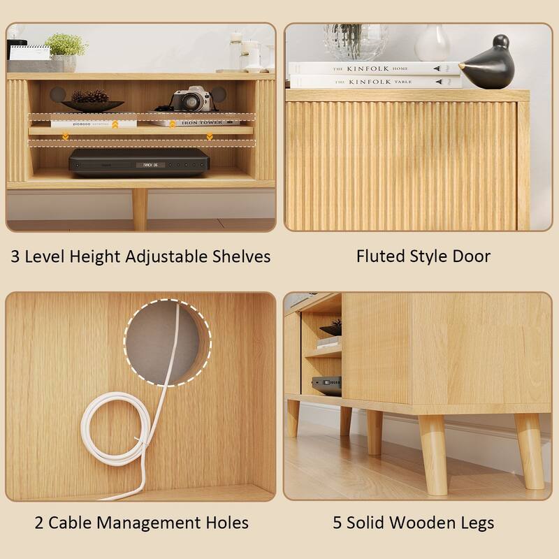 Gymojoy 63" TV Stand for TVs Up to 75 Inches, Boho Entertainment Center with Fluted Sliding Doors & Shelves. - 63"W.