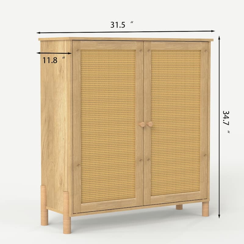 Anmytek Light Wood Rattan Double Door Storage Cabinet Space-Saving Boho Accent Cabinet