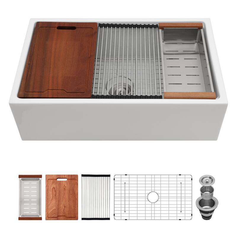 Farmhouse Porcelain Ceramic Single Bowl Kitchen Sink in White