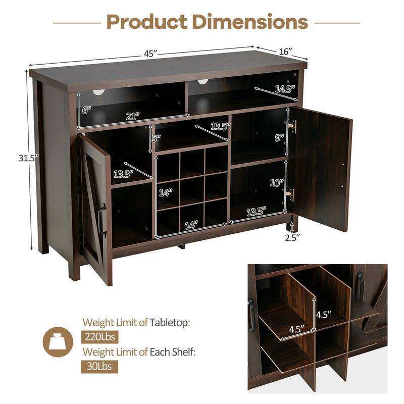 Gymax Buffet Storage Cabinet Farmhouse Sideboard w/9-Bottle Wine Rack