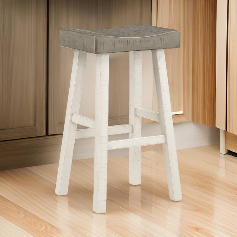 Casy 30 Inch Bar Height Stool, Gray Saddle Seat, White Rubberwood Frame
