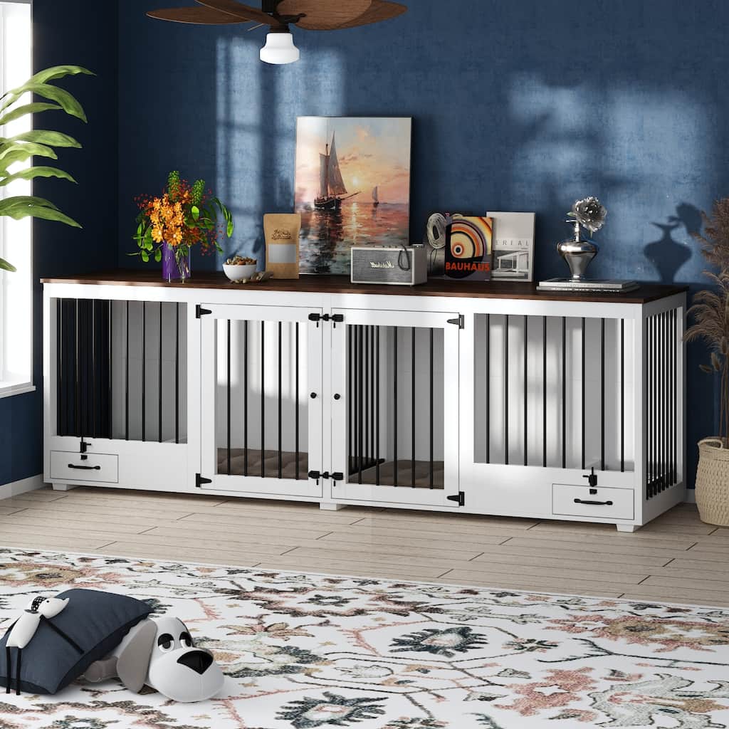 Dog Crate Furniture with Feeding Drawer and Divider, 86.6" Extra Large Indoor Dog Kennel for 2 Dogs,Pet Crate Sideboard
