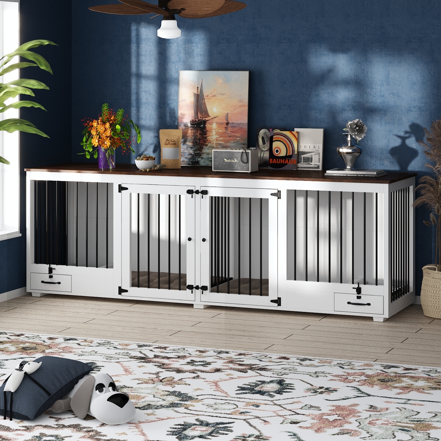 Modern Indoor Double Dog Crate with Metal Bars and Storage Large Dog Kennel Furniture