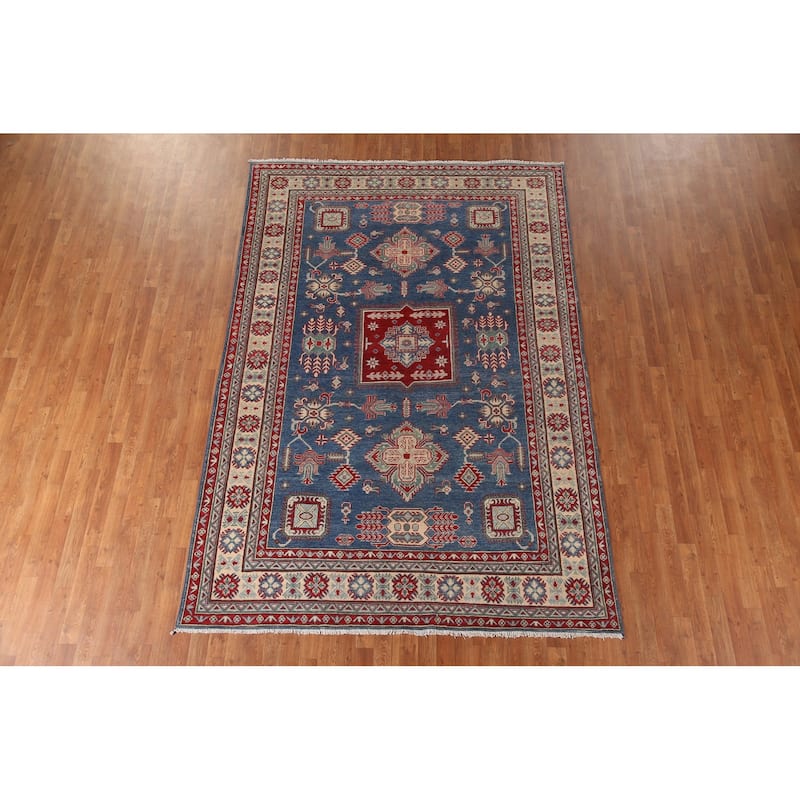 Geometric Kazak Area Rug Hand-Knotted Blue Wool Carpet - 6'7" x 9'8"