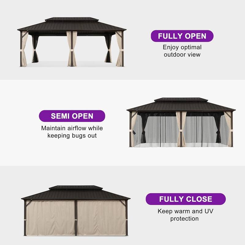 PURPLE LEAF Gazebo Outdoor Gazebo with Dual-Layer Galvanized Steel Double Roof Aluminum Gazebo with Netting and Curtains Bronze