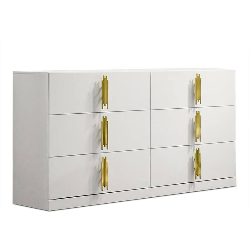 Dyl Wide Dresser, 6 Drawers, White Wood with Gold Accents