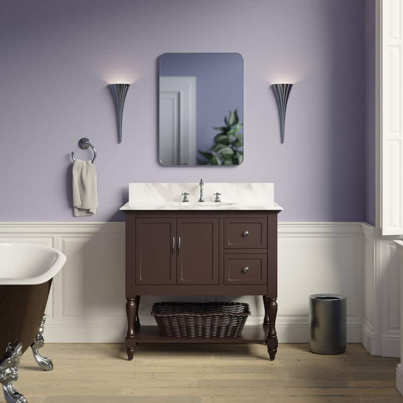 KitchenBathCollection Beverly 36" BathroomVanity w/ Carrara Marble Top - Chocolate