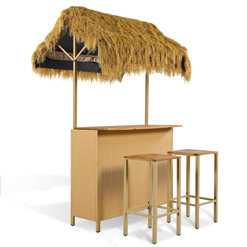 Roomfitters Bar Height Patio Set with PE Grass Canopy, Outdoor Bar Table and Stools, Hawaiian-style Acacia Wood Top, Natural