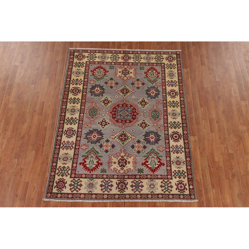 Grey Geometric Kazak Oriental Area Rug Handmade Wool Carpet - 5'1" x 6'9"