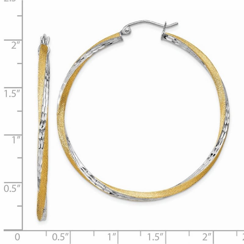 Curata 14k Yellow Gold and Rhodium Satin Diamond Cut 45x2.5mm Twisted Hoop Earrings