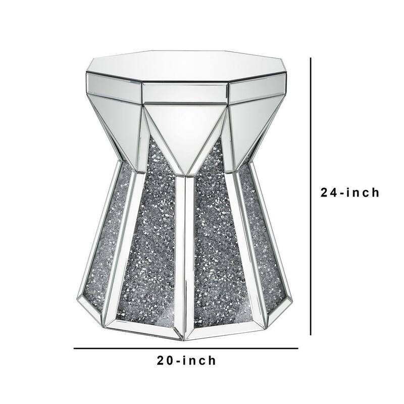 Multiple Faceted Mirrored End Table with Faux Diamonds, Silver - 24 H x 20 W x 20 L Inches