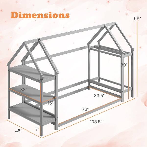 dimension image slide 1 of 2, Twin Size Montessori Floor House Bed with Detachable Storage Shelves and Clothes Hanging Rack