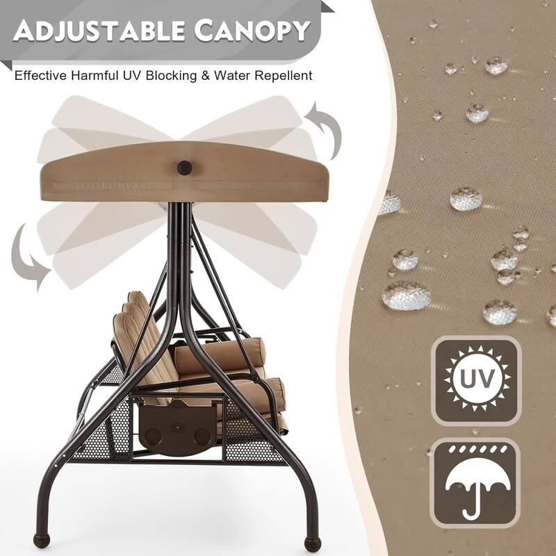 Outdoor 3-Seat Porch Swing with Adjustable Canopy & Cup Holder,Porch Swing Glider Chair, Heavy-Duty Steel Frame