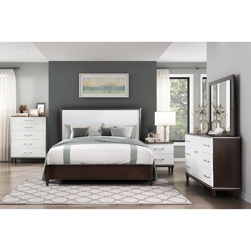 White and Cherry Finish 6pc Master Bedroom Set Bed Nightstands Dresser Mirror Chest