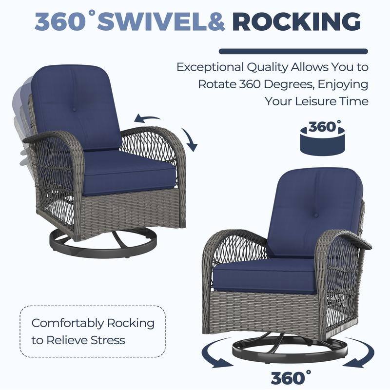 360° Swivel Rocking Patio Chairs Set with Thick Cushions & Tempered Glass Table | Indoor Living Room / Balcony| 3/5-Piece