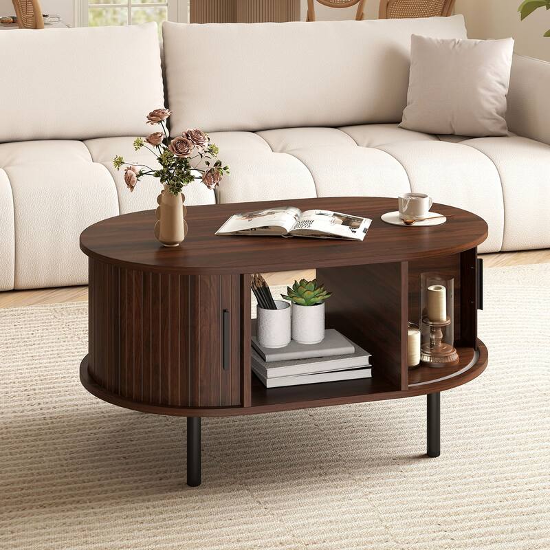 Oval Coffee Table with Open Compartment and Sector Shelves-Walnut - Multi - Multi