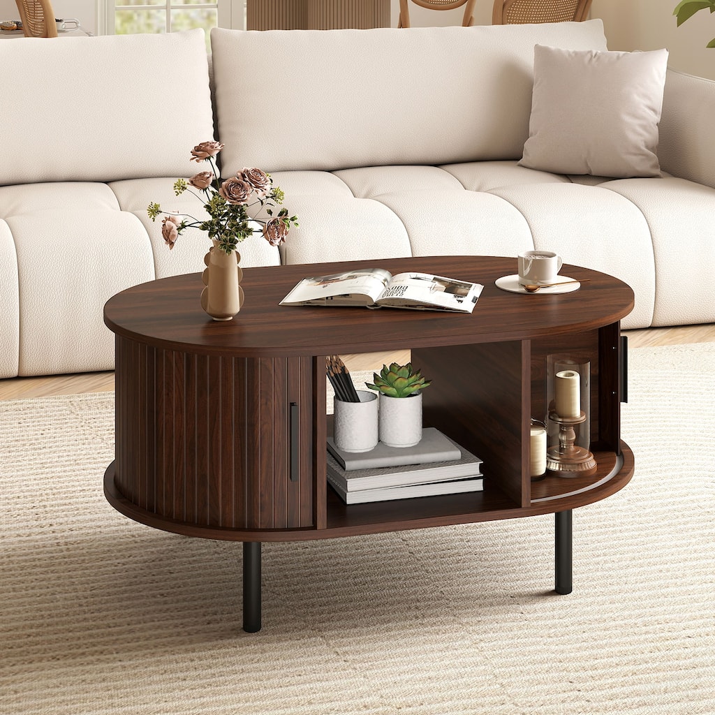 Oval Coffee Table with Open Compartment and Sector Shelves-Walnut - Multi