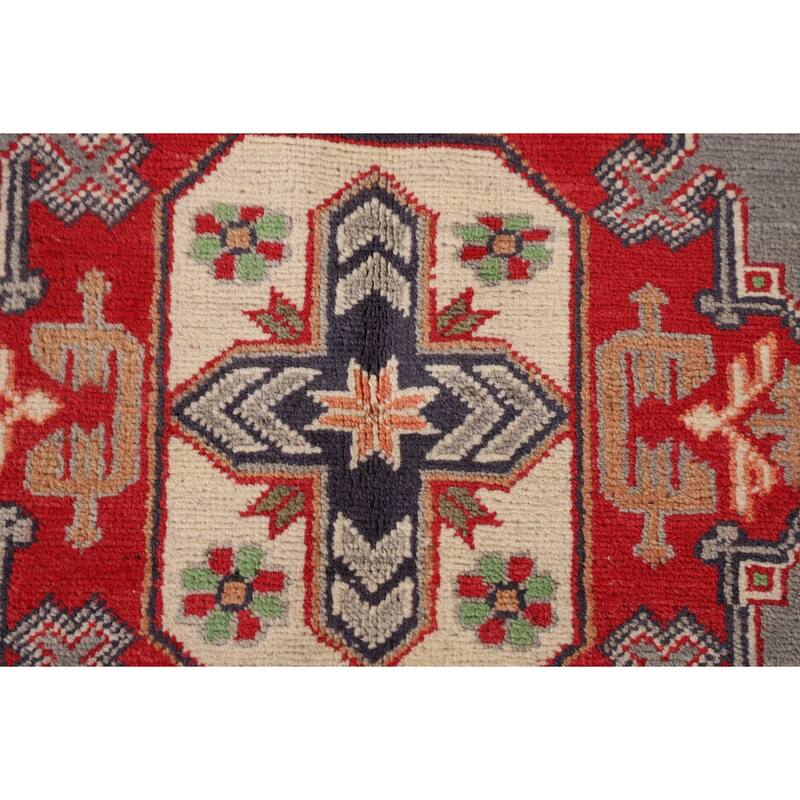 Gray Geometric Kazak Oriental Accent Rug Handmade Wool Carpet - 3'4"x 4'10"