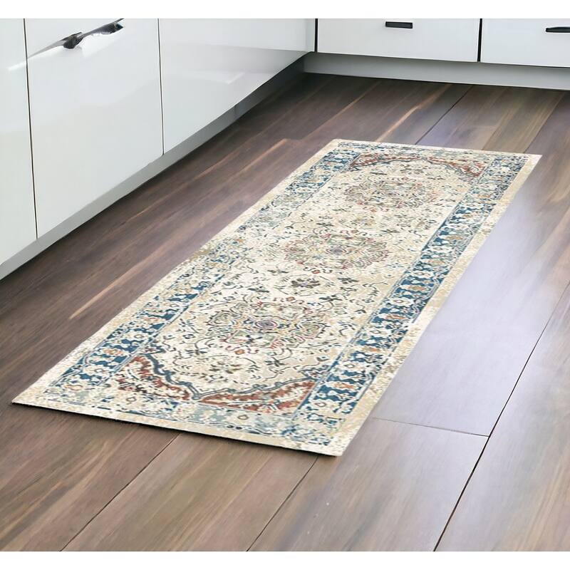 Cele Distressed Traditional Stain Resistant Woven with Fringe Area Rug By HomeRoots - 89' X '25' X '0.39 - Lavender/Ivory - Runner