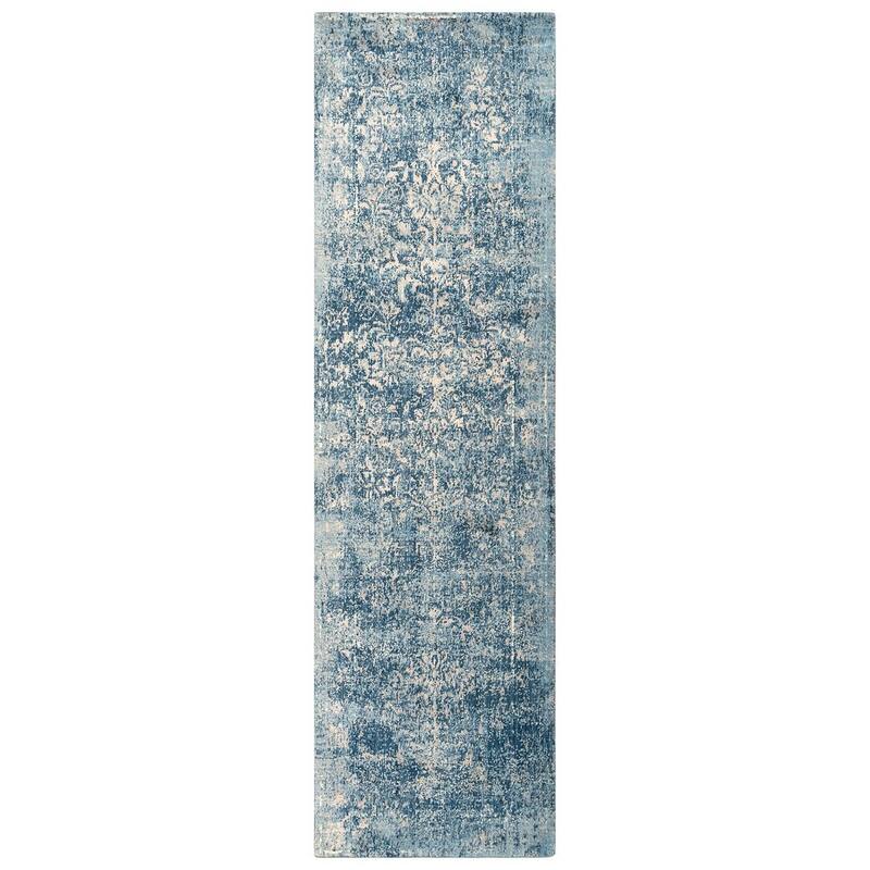 Alora Decor Essential Blue, Grey, and Cream Fleur De Lis Wool Blend Rug - 2'6" x 8'