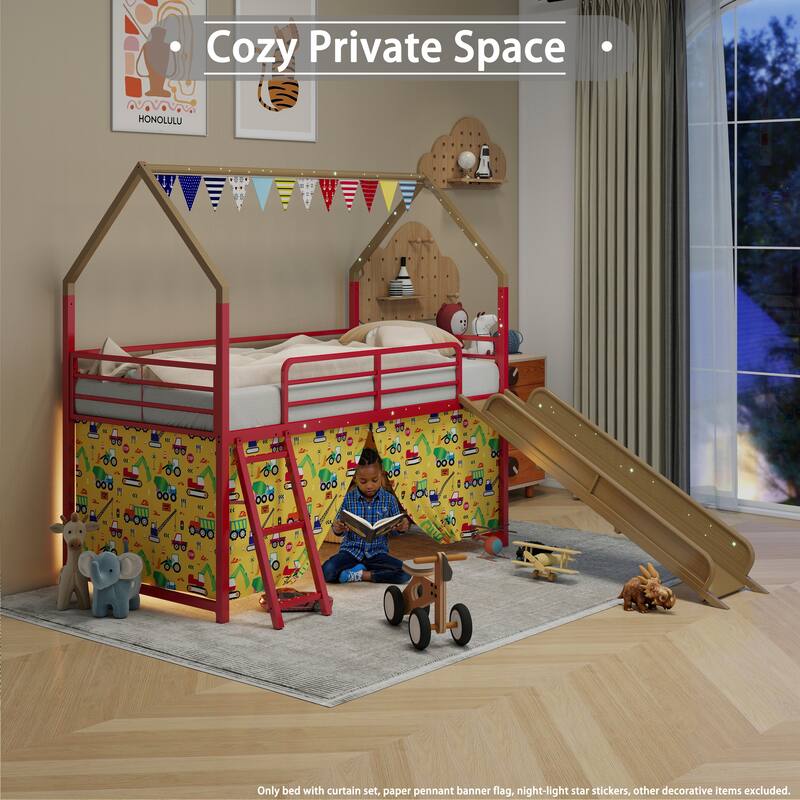 Metal Junior House Twin Loft Bed with Slide and Curtain Set and Pennant Banner Flag and Star Stickers