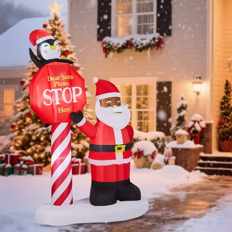 8.2FT Lighted Inflatable Black Santa & Road Sign Christmas Decoration - Red
