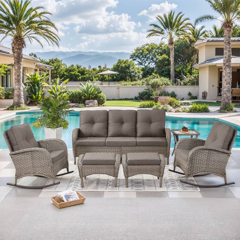 6-Piece Sofa with Rocking Chairs Ottomans Set - Grey - Grey