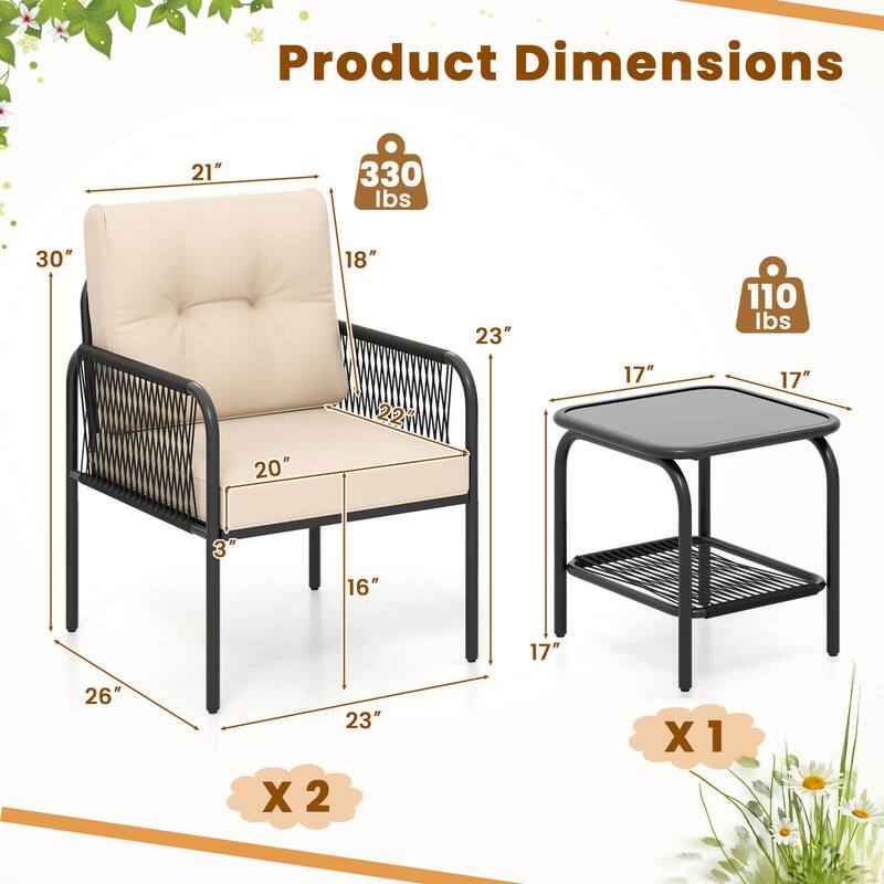 Costway 3 PCS Patio Bistro Set with Tempered Glass Table Chairs Back - See Details