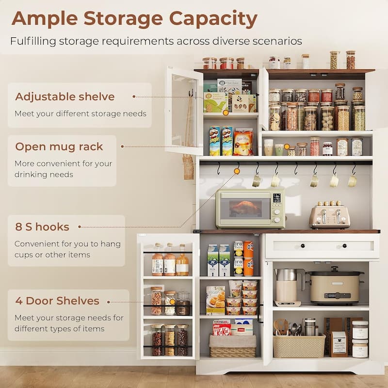 Farmhouse Kitchen Pantry Cabinet Drawer & Doors Adjustable Shelf